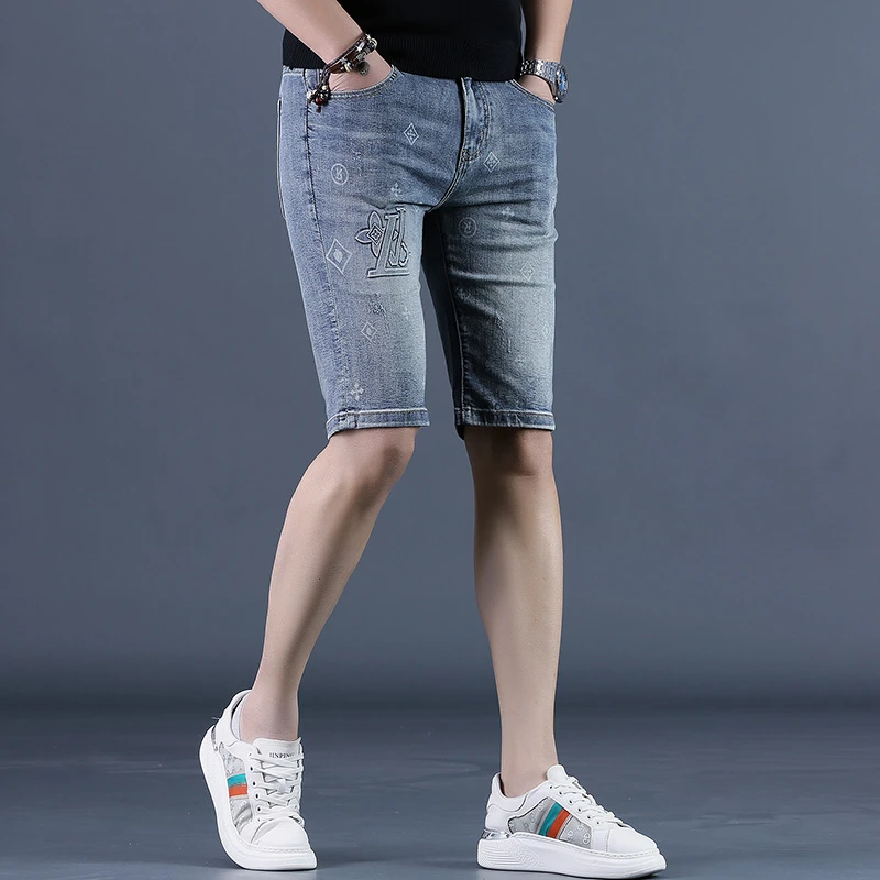 2025年夏季新款薄款印花牛仔短裤男修身小脚休闲中裤男士五分裤子