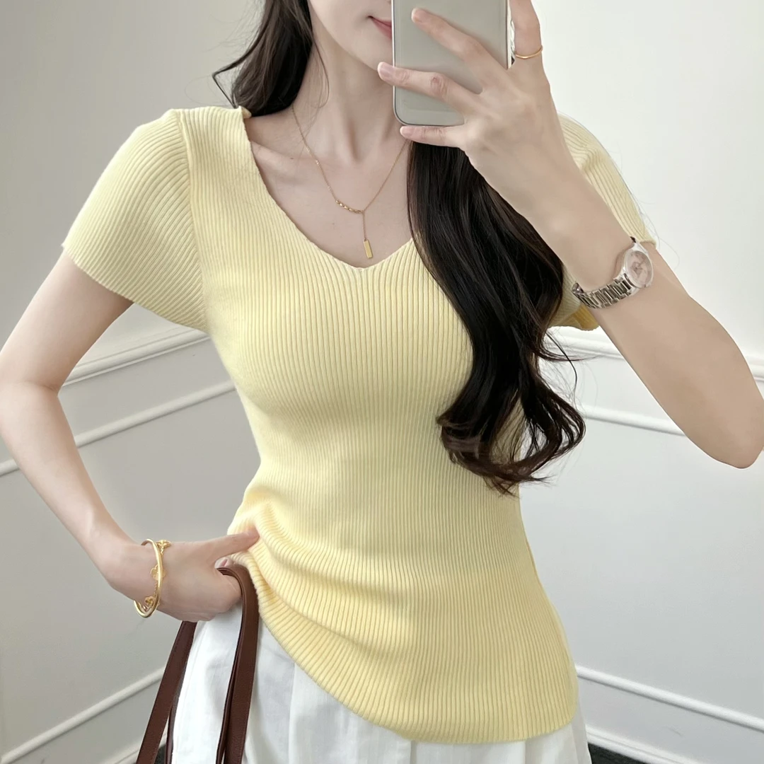 法式纯欲风V领正肩设计感冰丝针织短袖T恤修身显瘦洋气上衣#3018