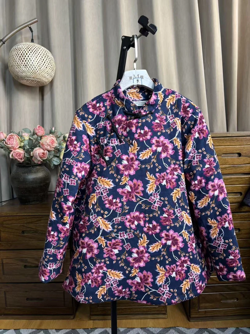 中式复古亚麻大襟盘扣长袖棉服禅意立领斜襟旗袍款