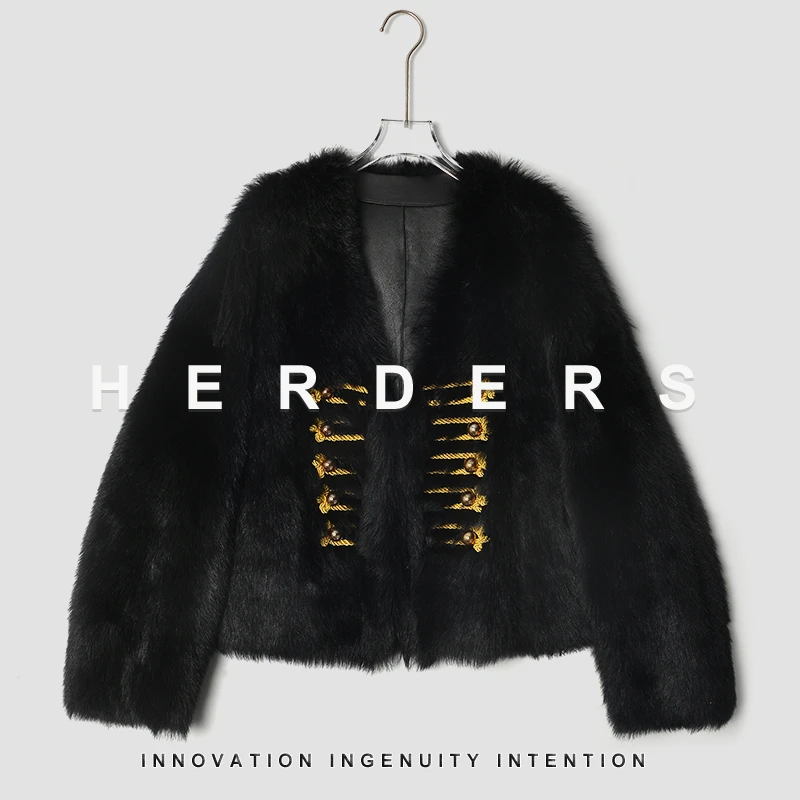 HERDERS 短款双排扣V领皮草外套 249212