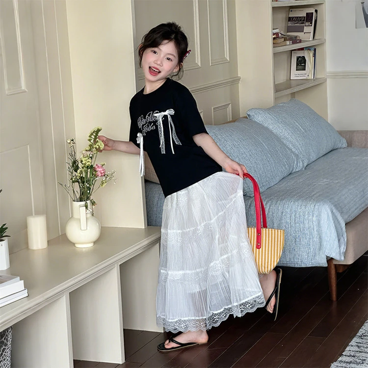 柳柳定制 2025女童夏季新品中大童蝴蝶结短袖T恤女童韩版童装5075