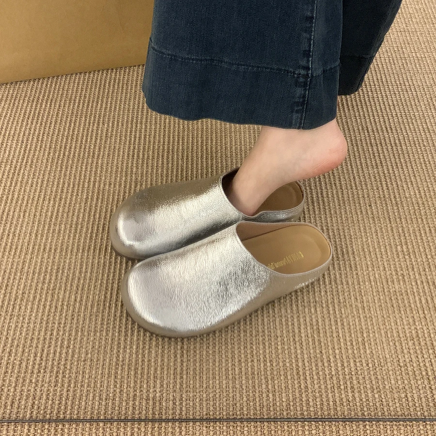 内增高厚底网红爆款银色包头半拖鞋女2025年春季新款一脚蹬穆勒鞋