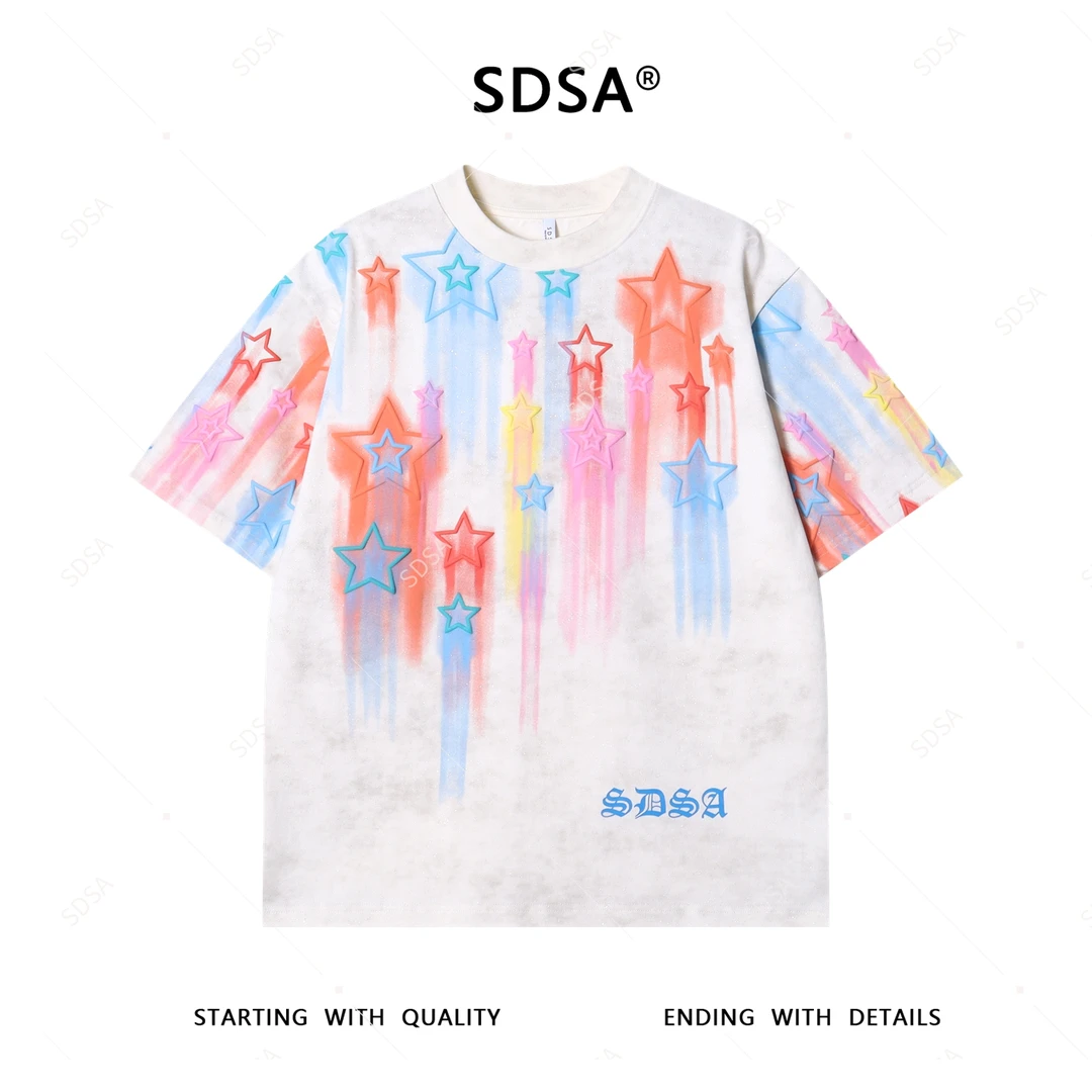 T3801夏季高级感新款男士韩系满天星彩色星星印花短袖T恤宽松上衣