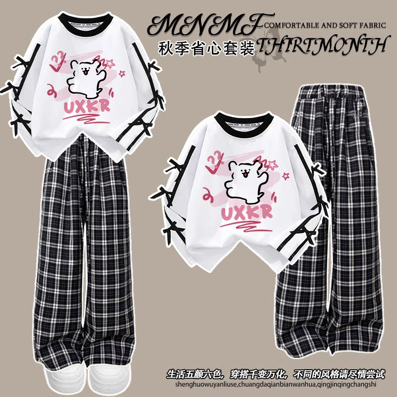 女童蝴蝶结拼接长袖格子裤套装可爱快乐小狗印花学院风洋气两件套