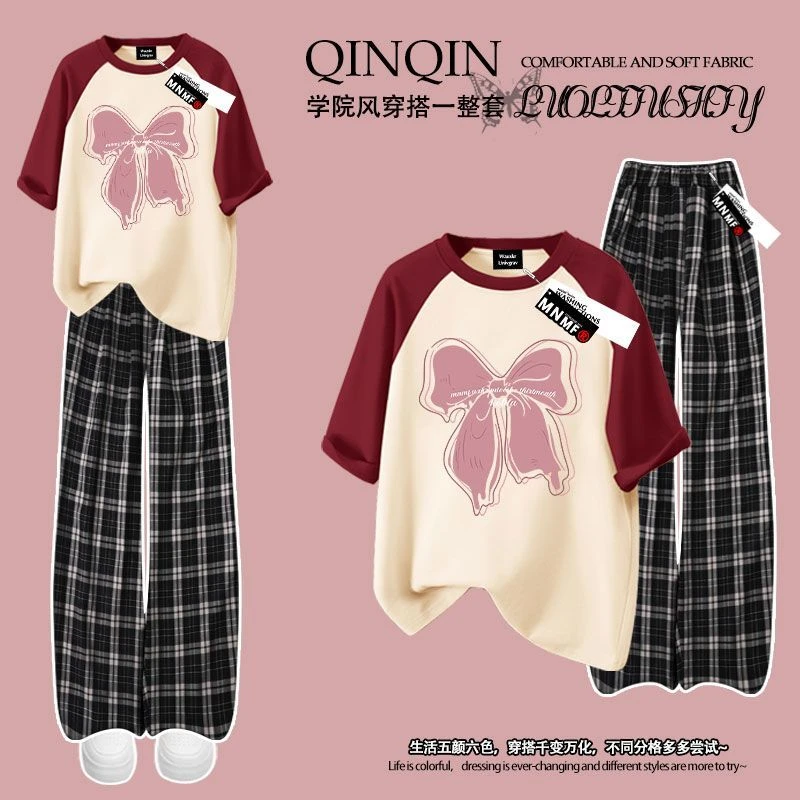 2025夏季时髦洋气短袖t恤格子裤套装女童粉色蝴蝶结印花学生潮流
