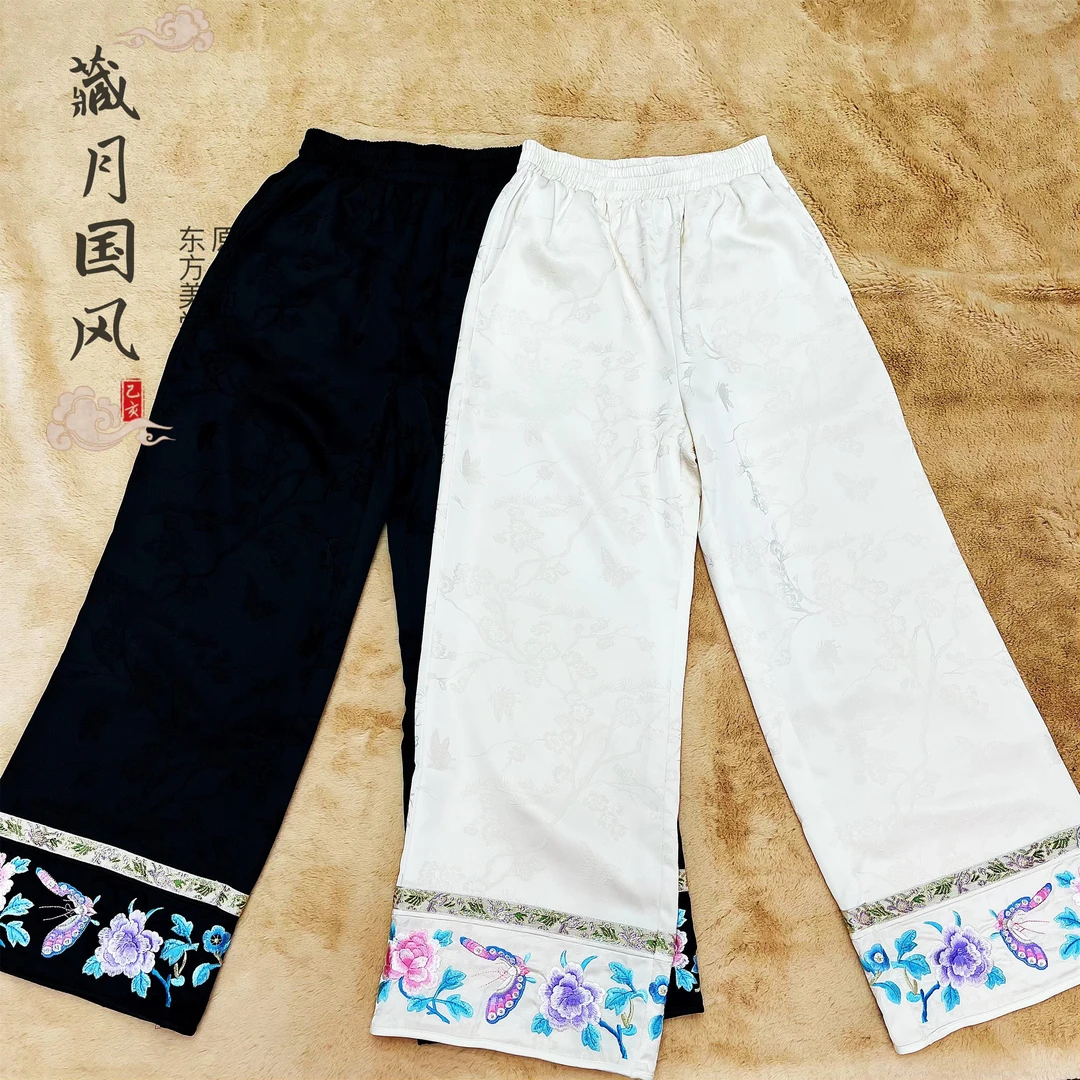 藏月中国风2025春装新款复古刺绣直筒裤新中式提花阔腿裤E9420210