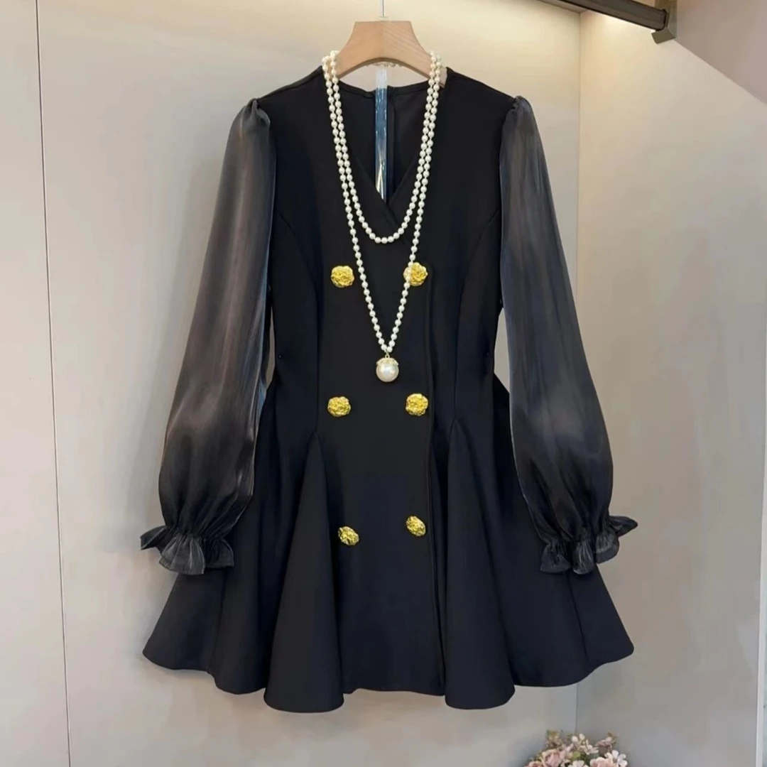 显瘦裙子拼接V领连衣裙长袖收腰中长裙瑞丽风高春季秋季时尚大气