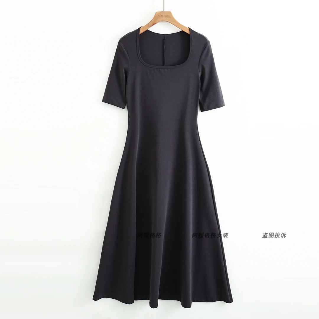 后背拼接 方领 五分袖连衣裙女夏季 收腰显瘦 凉感莱赛尔