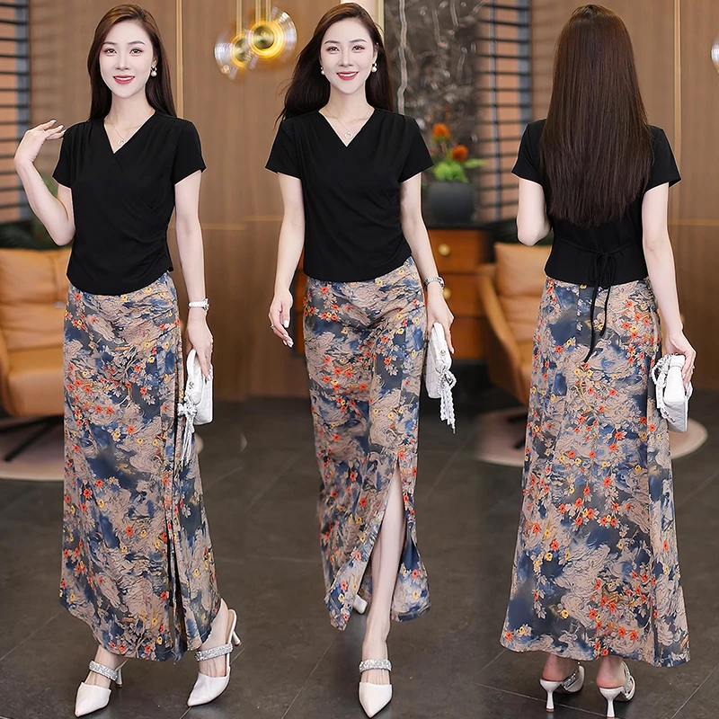 时尚连衣裙女夏季新款洋气显瘦V领短袖T恤印花开叉半身裙两件套潮