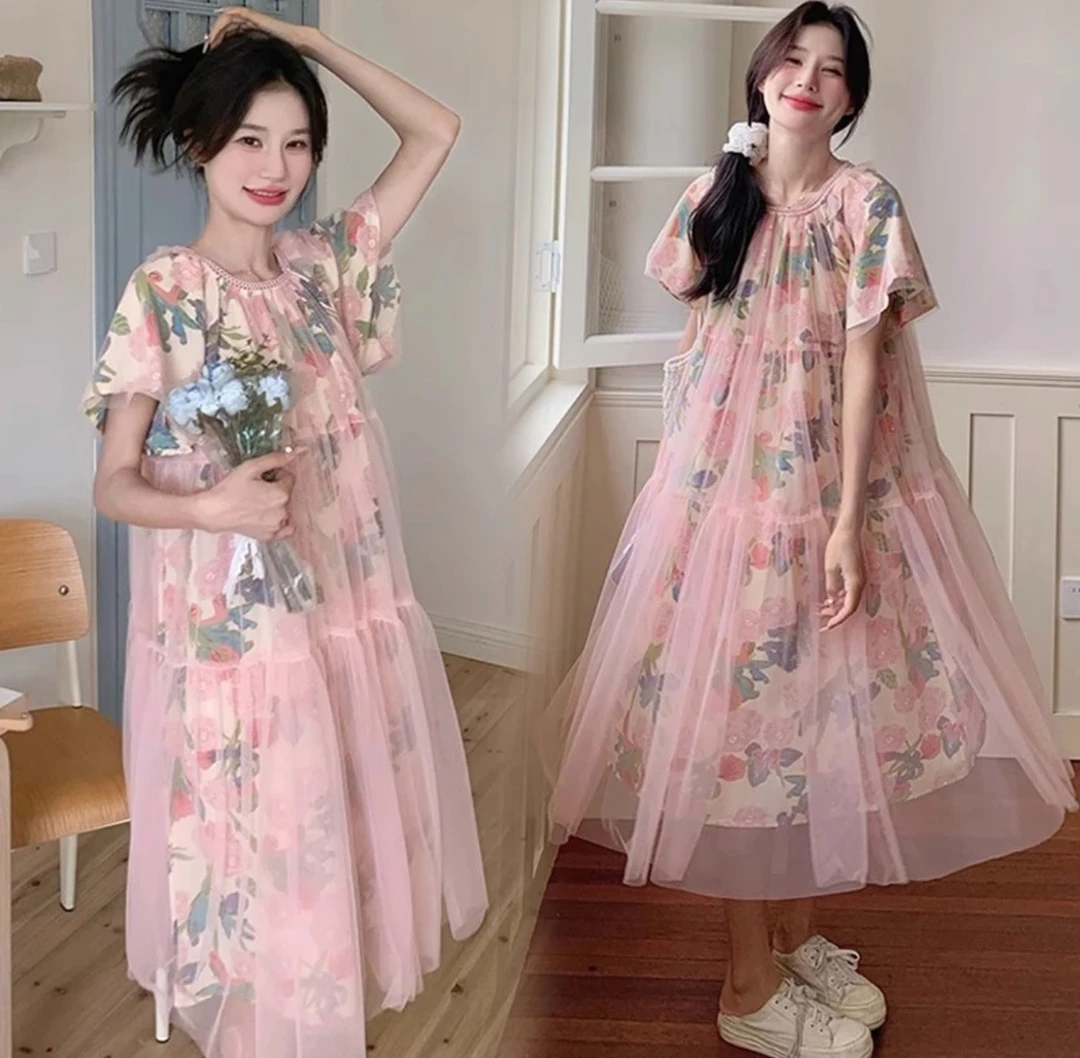 L11#43实拍碎花纱网拼接2025夏季新款彩色花朵宽松多巴胺孕妇连衣