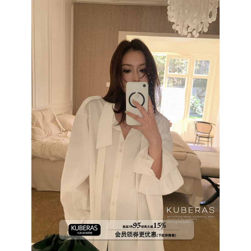 KUBERAS 设计感不规则领子肩章纯棉衬衫上衣宽松休闲小众飘带衬衣