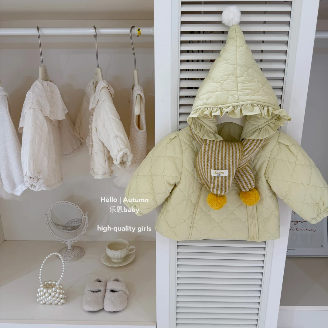 【乐恩童装】原创设计冬季女童黄色精灵加绒外套厚款韩系棉袄套装