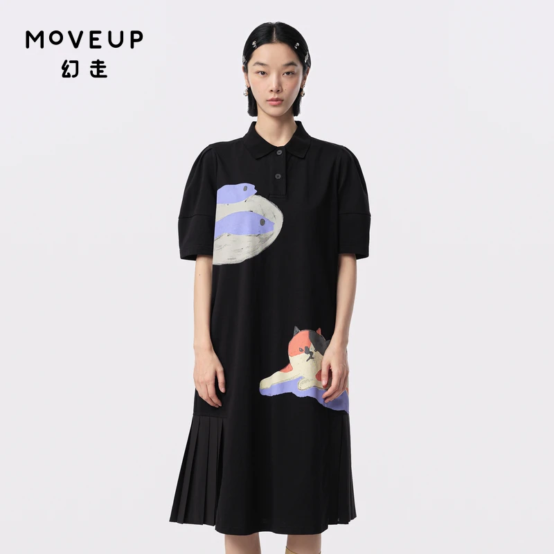 MOVEUP幻走2024夏季新款.FUN 印花不规则压褶针织连衣裙324211343