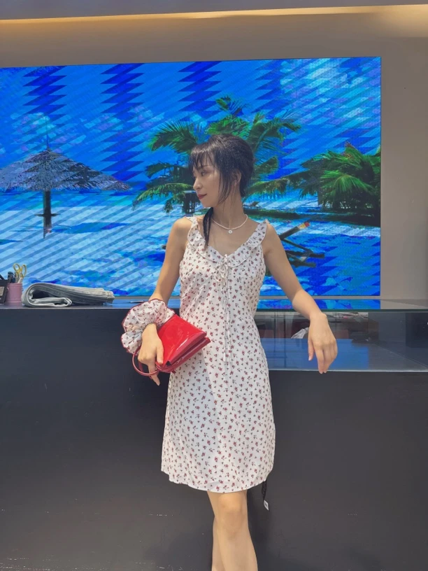 S048夏季新款韩系复古茶歇碎花蝴蝶结度假连衣裙