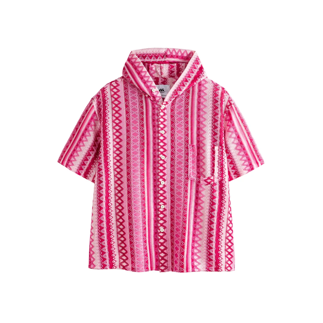 Medaigual 复古民族风粉色连帽宽松滑板衬衫宽松镂空条纹度假短袖