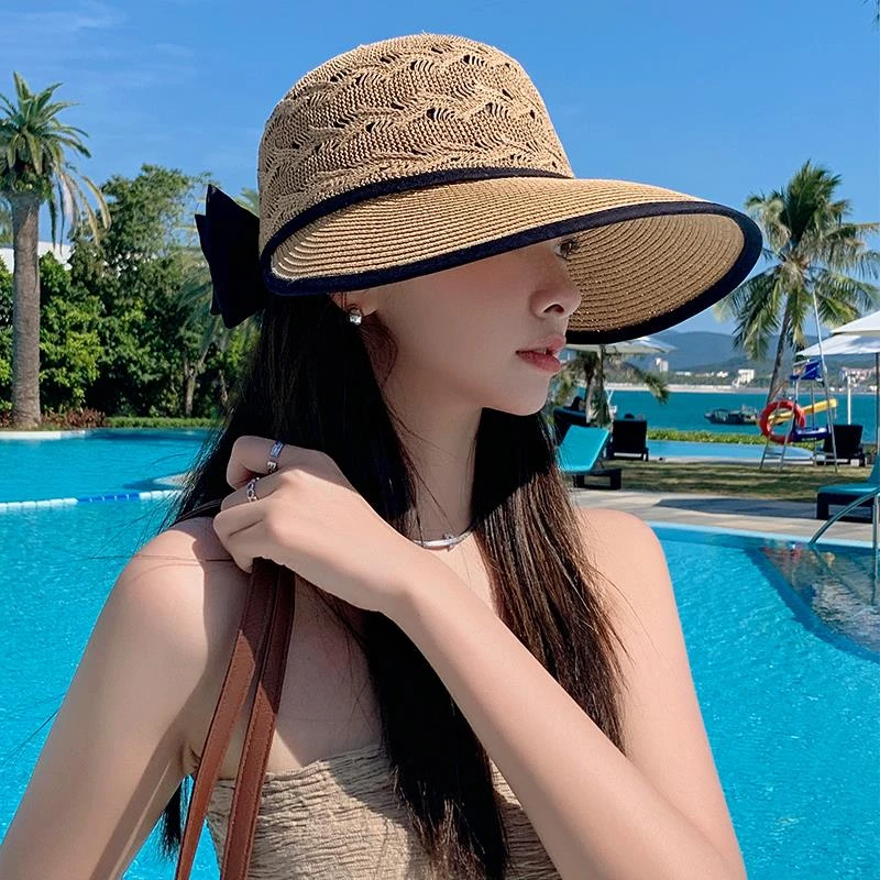 2025新款时尚草帽女夏镂空透气遮阳防晒帽蝴蝶结大檐可折叠太阳帽