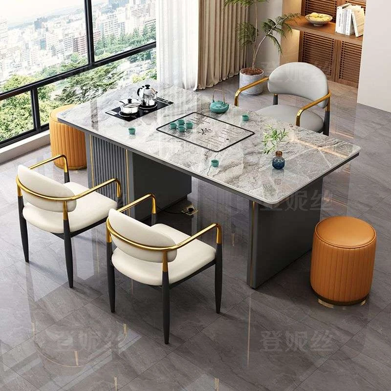 高档实木围炉岩板茶台阳台现代简约轻奢茶桌椅组合家用办公客厅