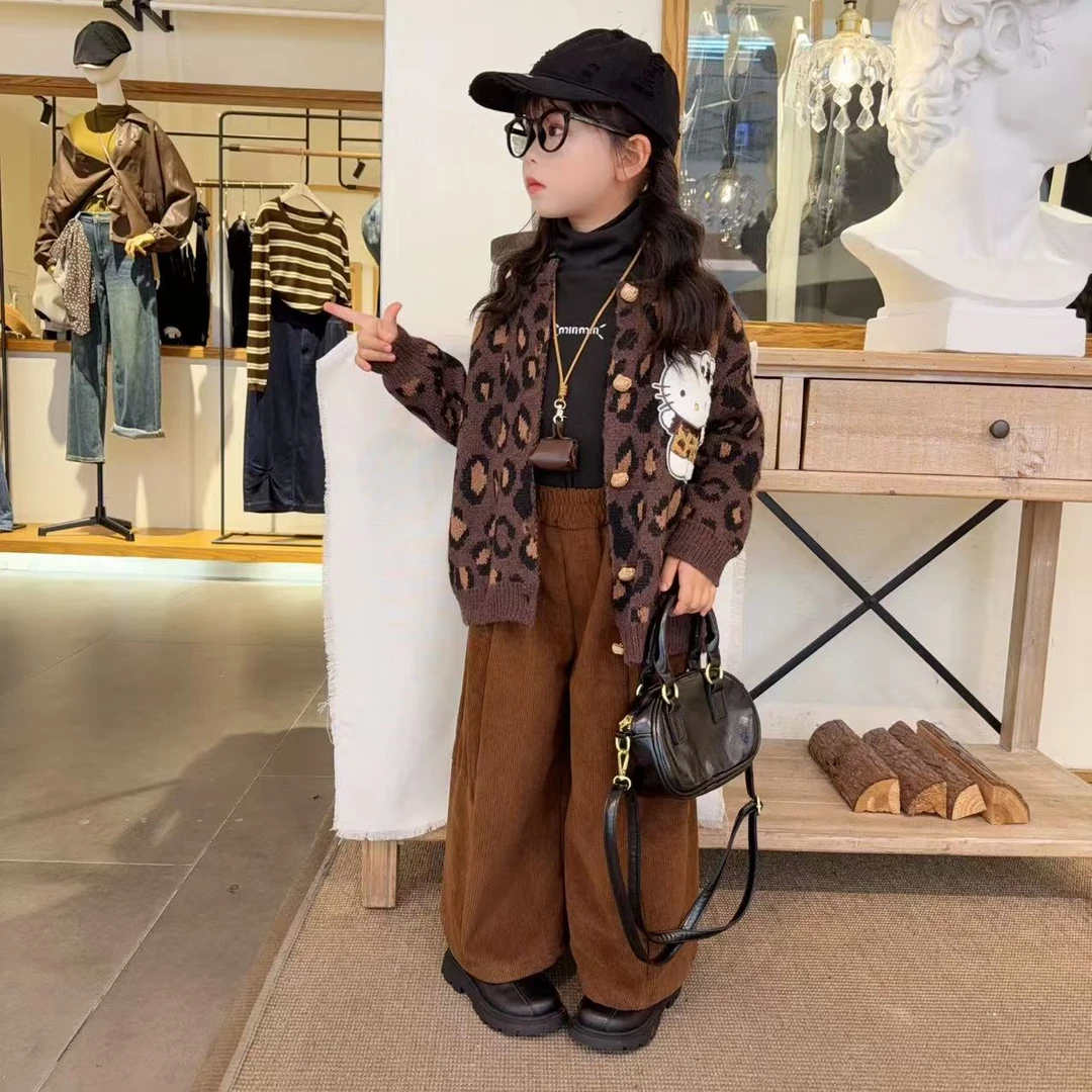 女童秋装开衫毛衣套装2025新款洋气女孩秋冬加绒加厚阔腿裤两件套