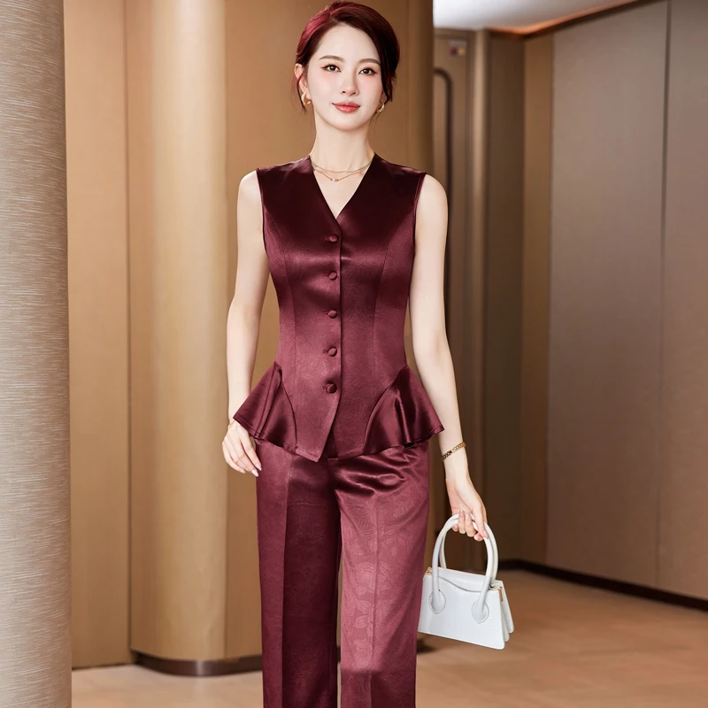 休闲风时尚套装时尚洋气红色宴会印花马甲背心轻奢阔腿显瘦女神范