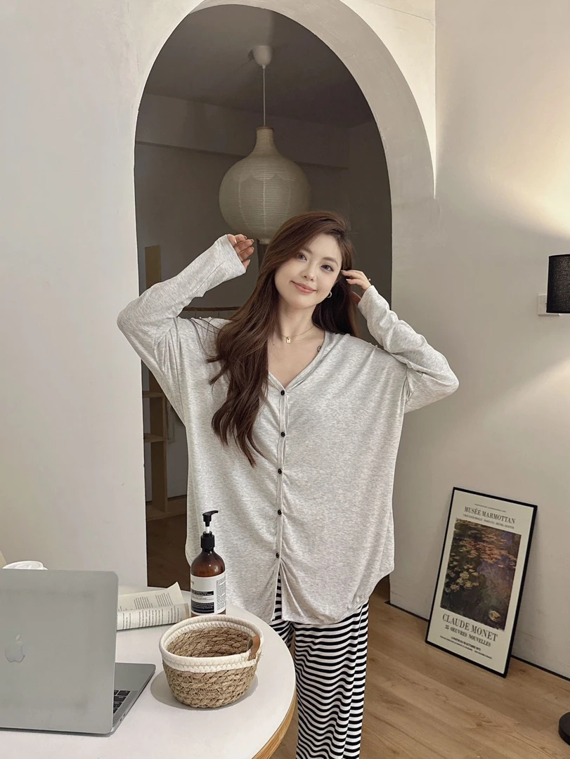 莫代尔睡衣女春秋季长袖长裤开衫薄款简约时尚条纹韩系家居服套装