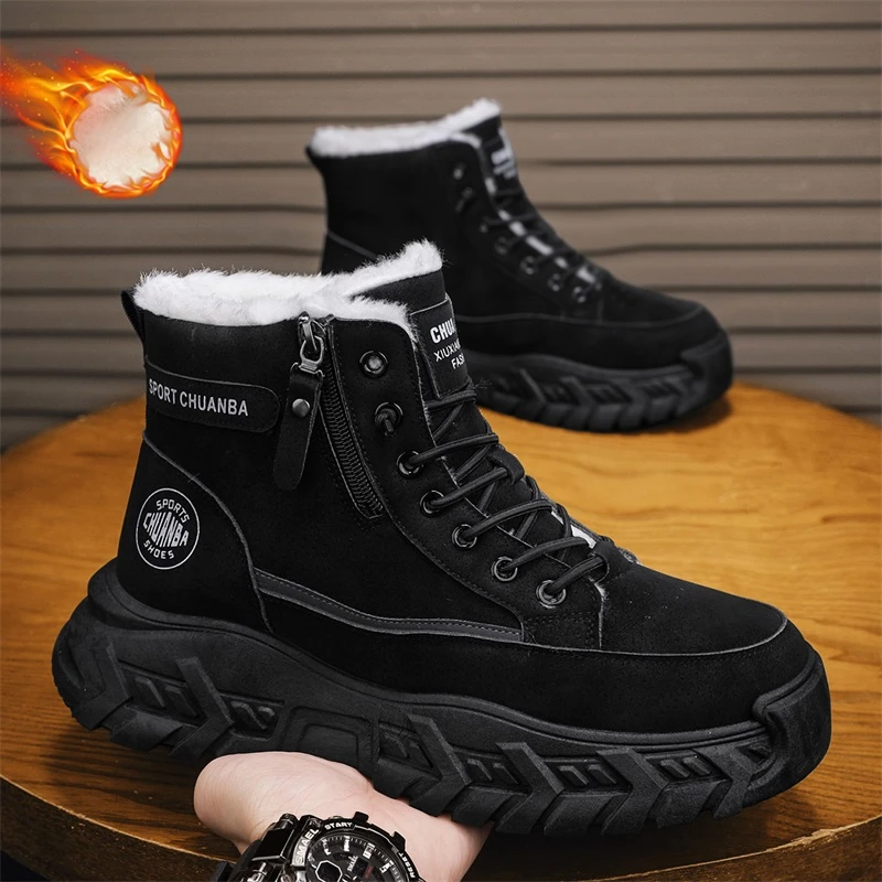 男鞋冬季爆款加绒加厚防滑耐磨简约休闲高帮工装鞋户外运动棉鞋