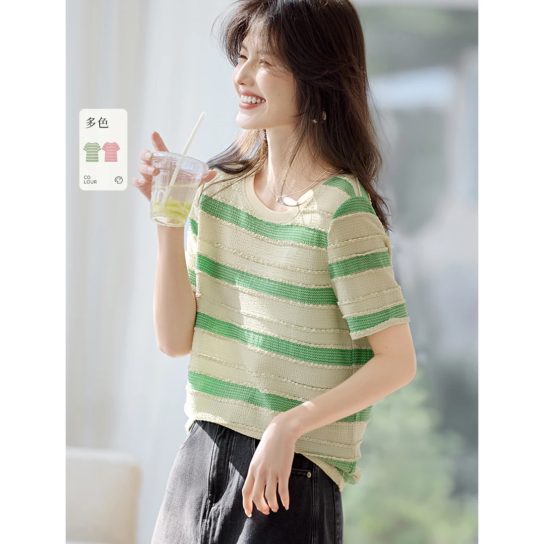 XWI/欣未2025夏季新款时尚气质休闲百搭多巴胺宽松条纹短袖T恤女