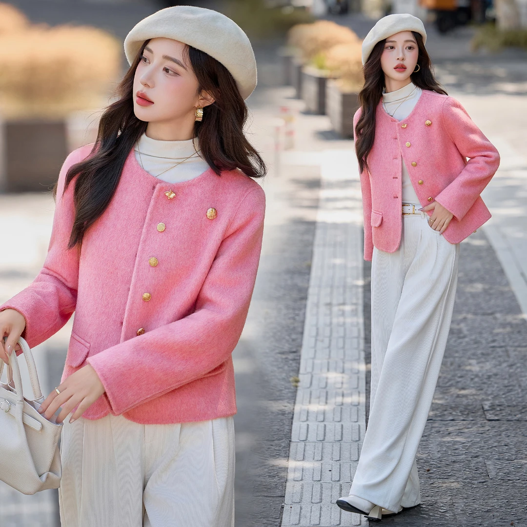 小香风短款双面羊毛呢子外套女2025秋季新款小个子圆领长袖大衣女