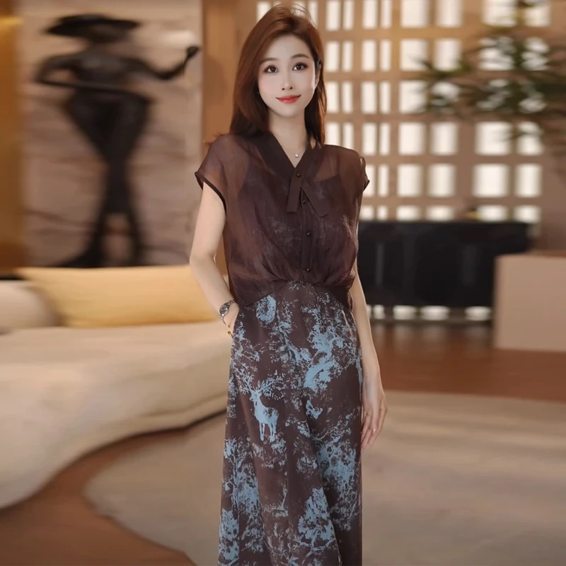 拉夏贝尔高级感连衣裙女夏季新款显瘦短袖衬衫碎花吊带裙两件套
