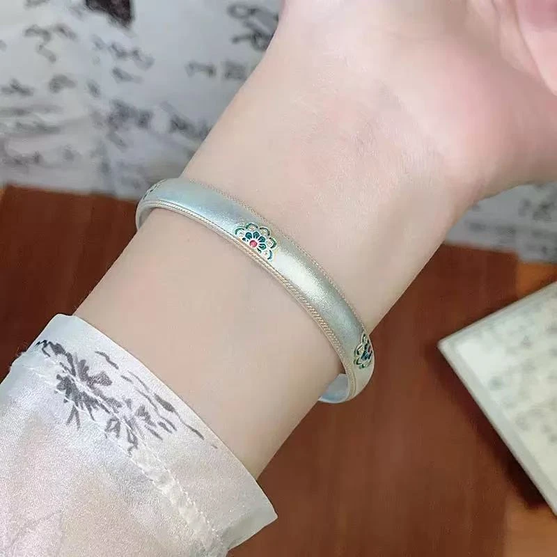 足银手镯 23号链接【开口】珐琅宝相花如意银手镯