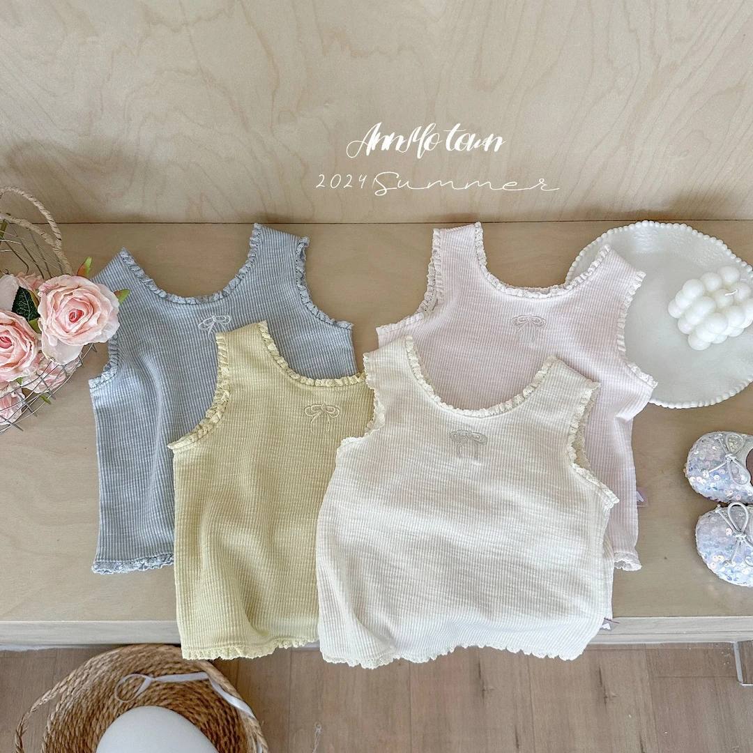 女童刺绣木耳边小背心女宝可爱洋气夏天好穿坑条全棉百搭内搭吊带