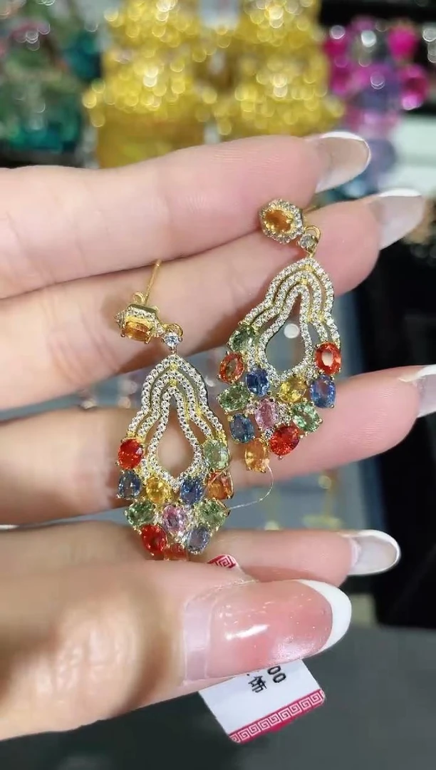 S925银镶嵌彩色蓝宝石耳饰