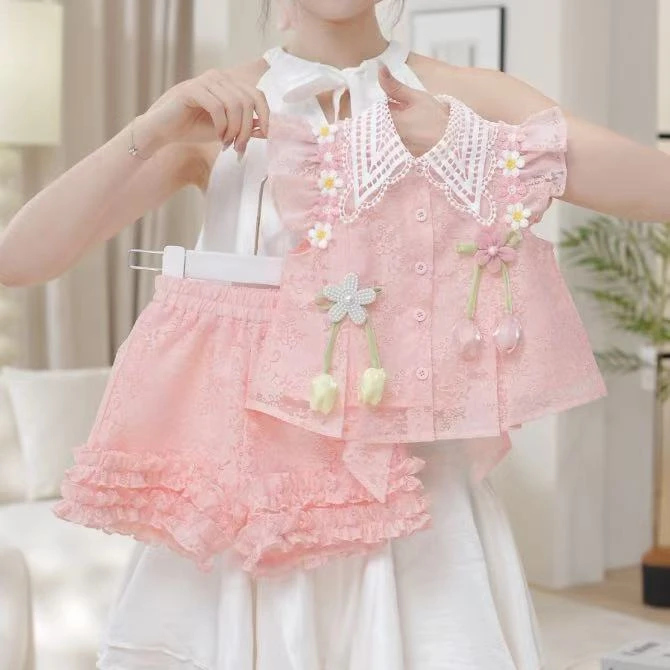 【思晨家】夏季新款女童粉郁金香花朵蕾丝花边岭无袖上衣短裤套装潮