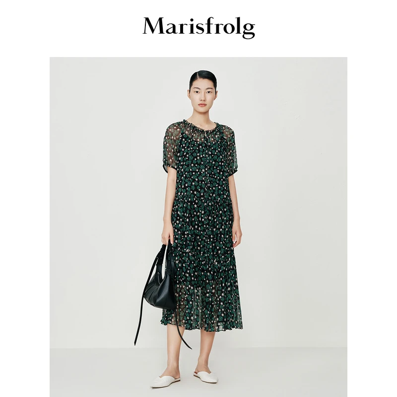 【羊羊专属】玛丝菲尔夏季绿色插肩袖真丝碎花连衣裙气质长裙