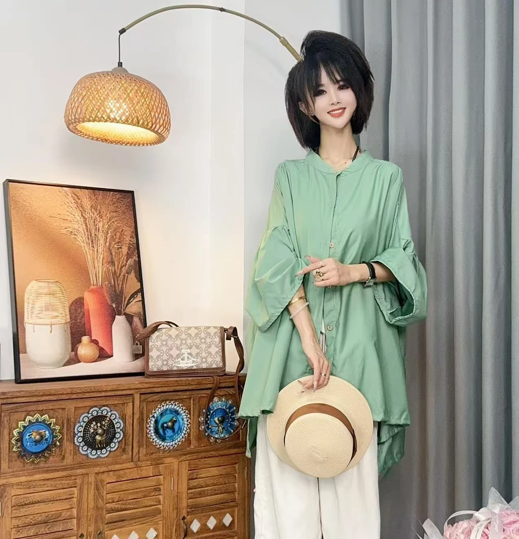 【沐木流浪记】（清欢）青草绿圆领开衫褶皱长袖女装风衣外套z