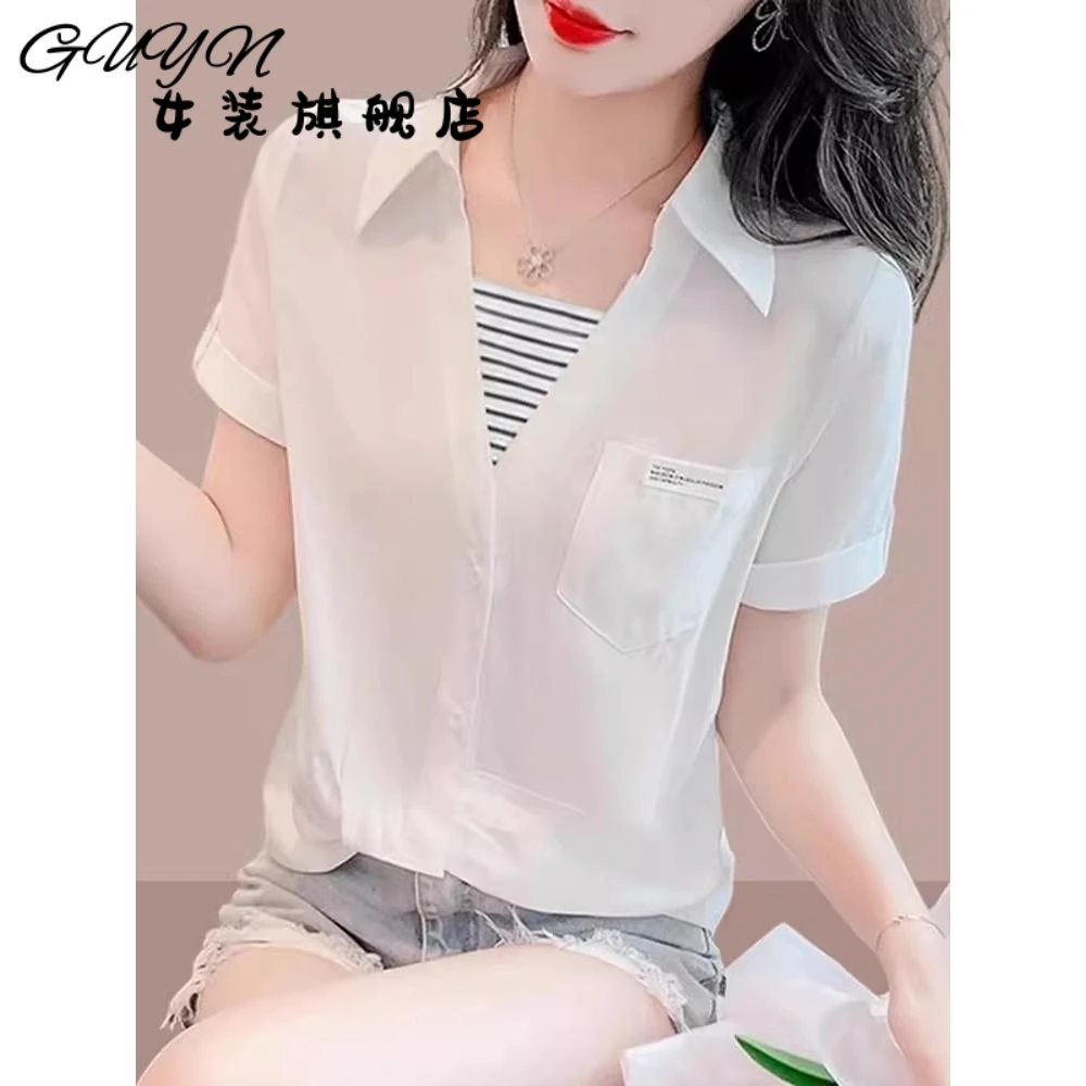 假两件女士短袖衬衫2025夏季新款雪纺衫衬衣洋气漂亮白色上衣爆款