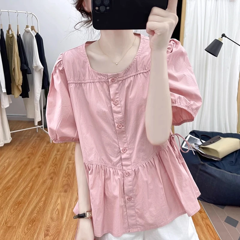 A2583大码衬衫短袖女显瘦遮肚子减龄洋气上衣女2025新款爆款小衫