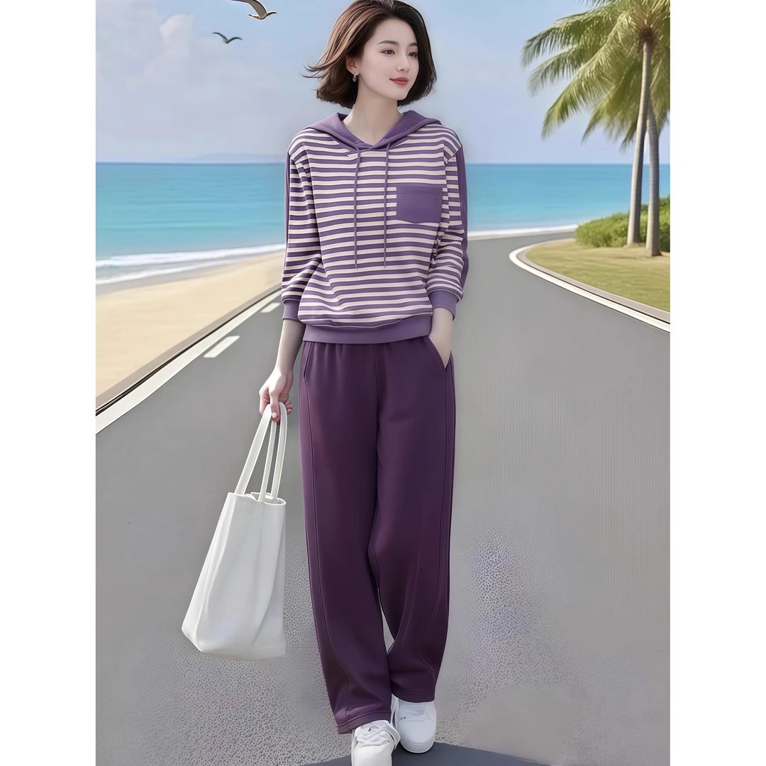 时尚撞色条纹连帽上衣松紧腰九分裤女装套装秋