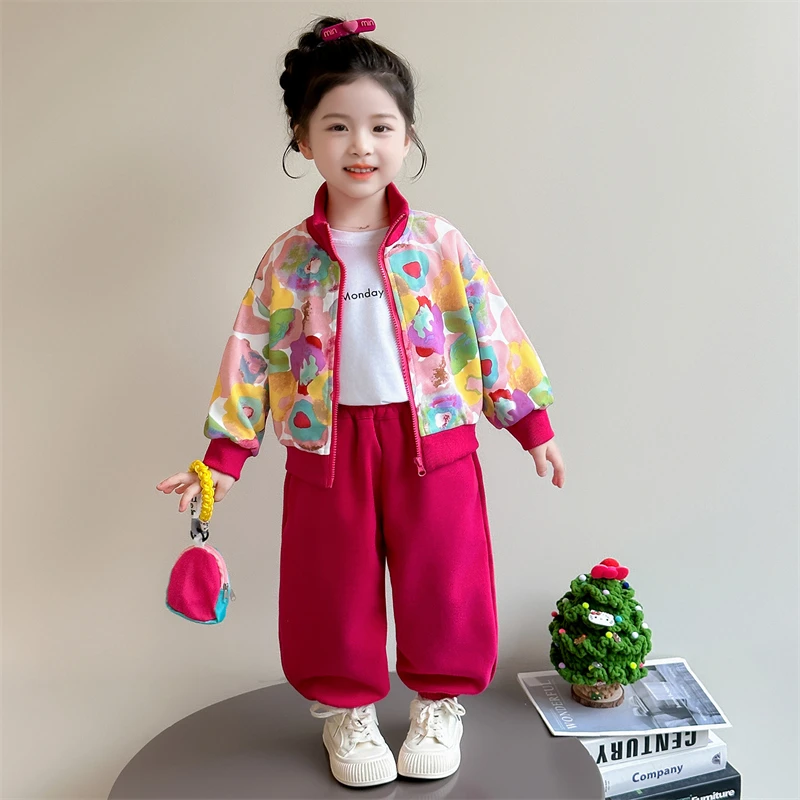 中小童秋季时尚花朵开衫休闲套装2025新款儿童洋气女宝宝两件套潮