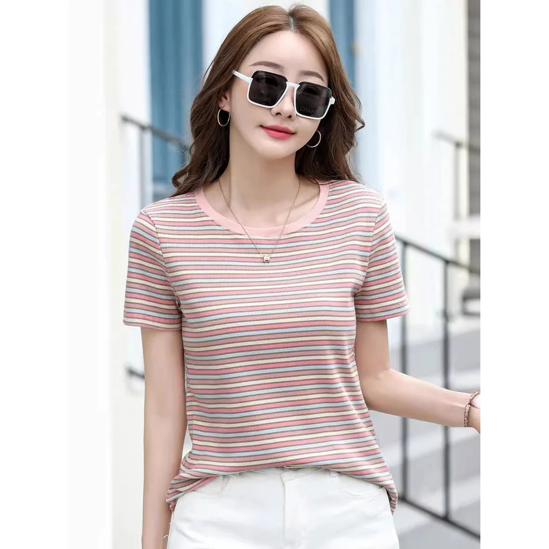 456粉色条纹T恤女短袖夏清新甜美简约时尚百搭上衣宽松薄款显瘦T