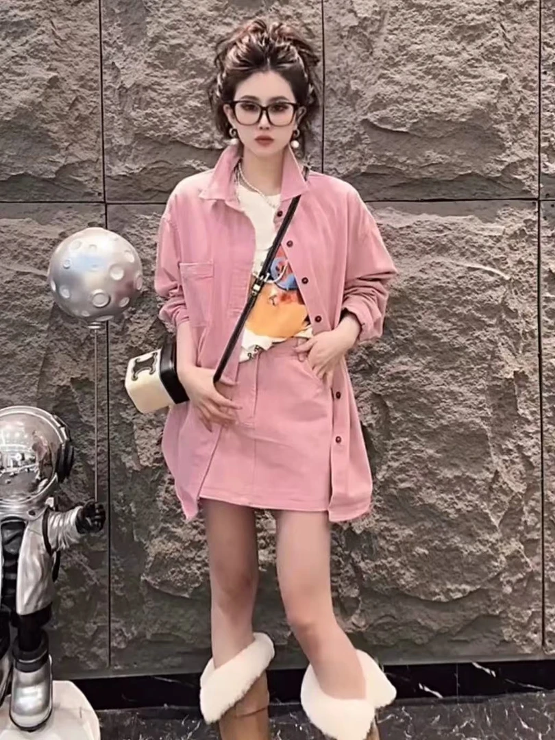 韩系减龄复古甜酷粉色牛仔套装女2025春季新款衬衫外套短裙两件套