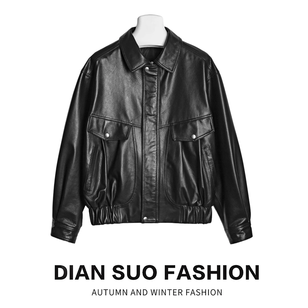 「点索DIANSUO」山羊皮衣女真皮百搭短款黑色休闲韩版外套-33181