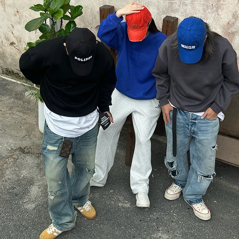 【促23】原创重磅纯色百搭男士圆领钢印秋季卫衣休闲套头男百搭上衣