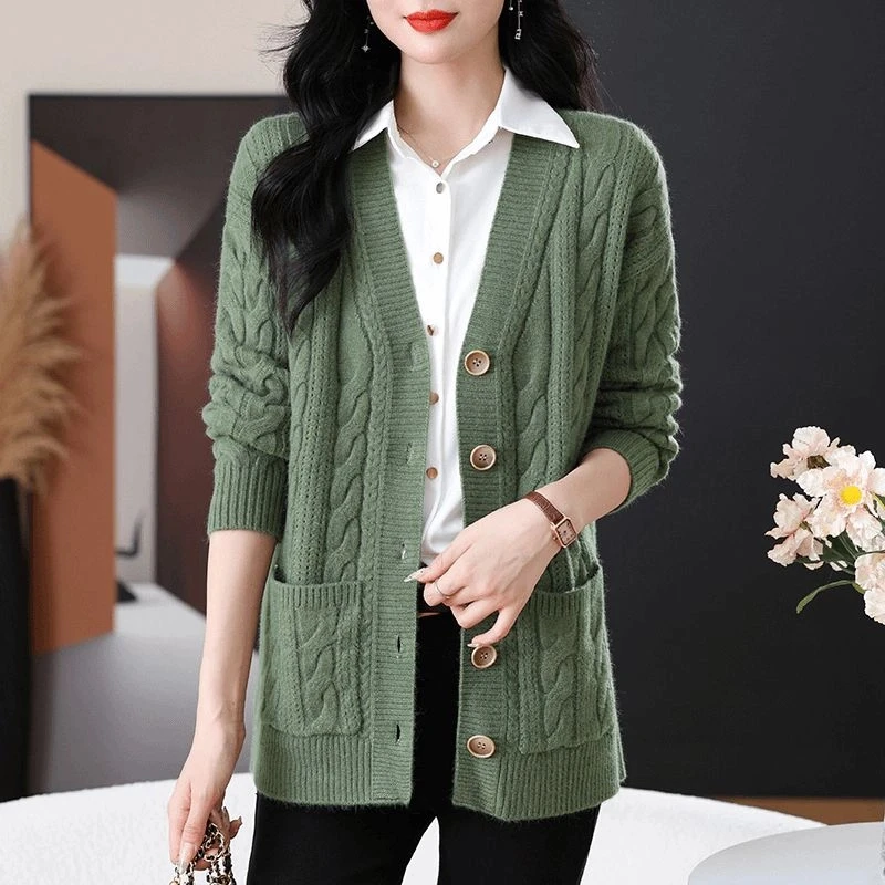 时尚秋装大码V领毛衣外套女拼接针织衫2025新款字型厚款长袖外搭