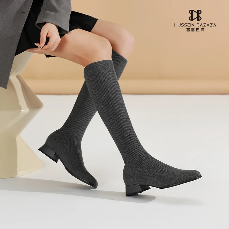 HB低跟黑色袜靴一脚蹬显瘦中筒弹力靴弹力百搭休闲潮袜长筒0968