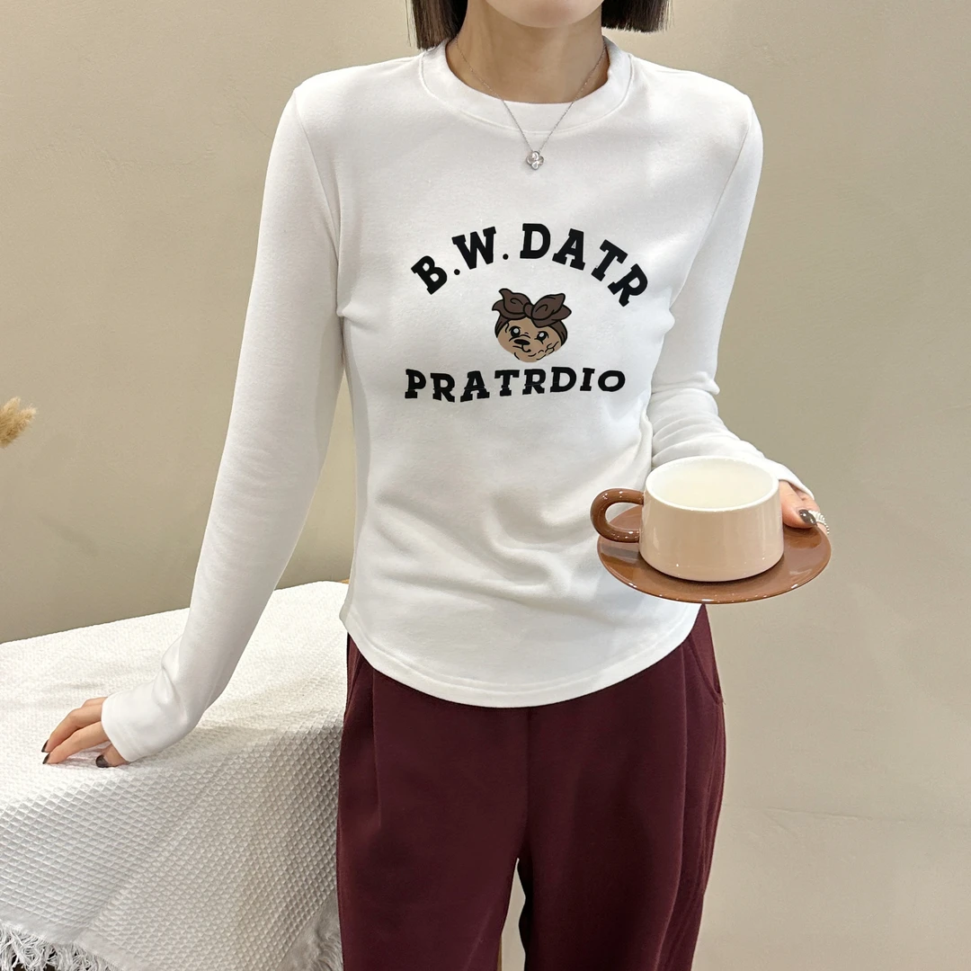 8988-1新款时尚宽松字母卡通动物印花圆领加绒保暖百搭打底衫上衣