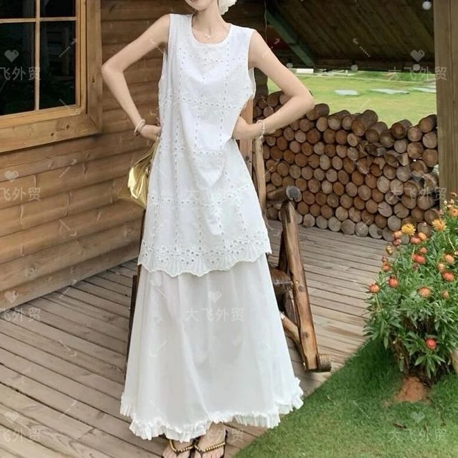 【100%棉&镂空无袖假两件长裙】夏季镂空刺绣无袖假两件连衣裙DF18