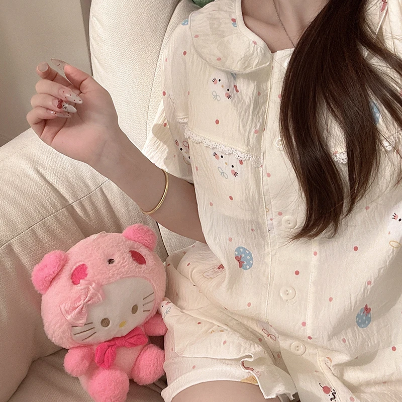 公主风波点kitty睡衣女夏季新款云朵棉带胸垫可爱卡通家居服套装