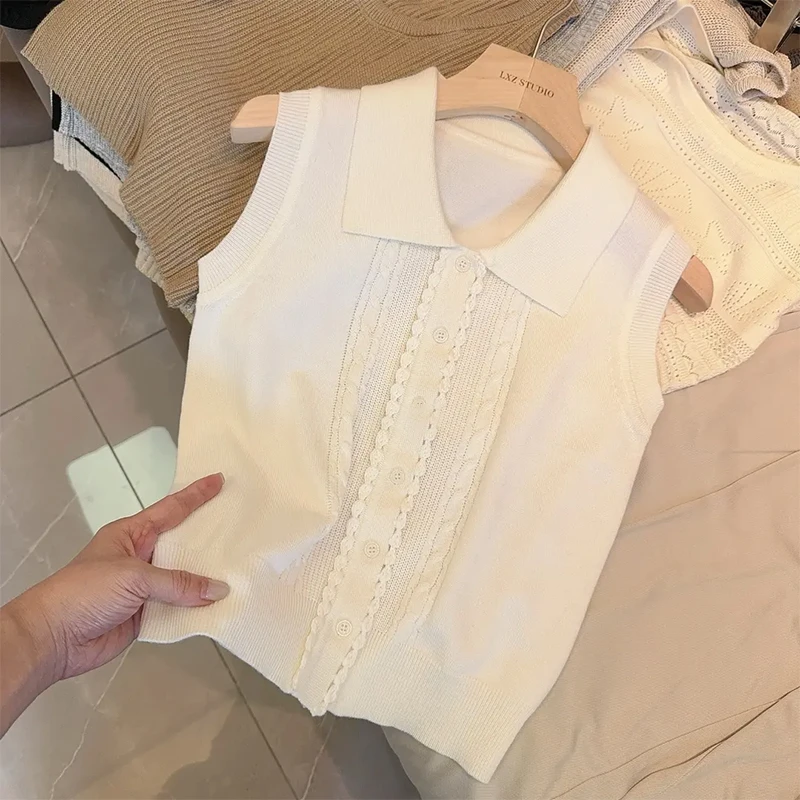 【奶油舒芙】2025夏季新时尚百搭云朵爱心翻领针织衫背心LK2505117