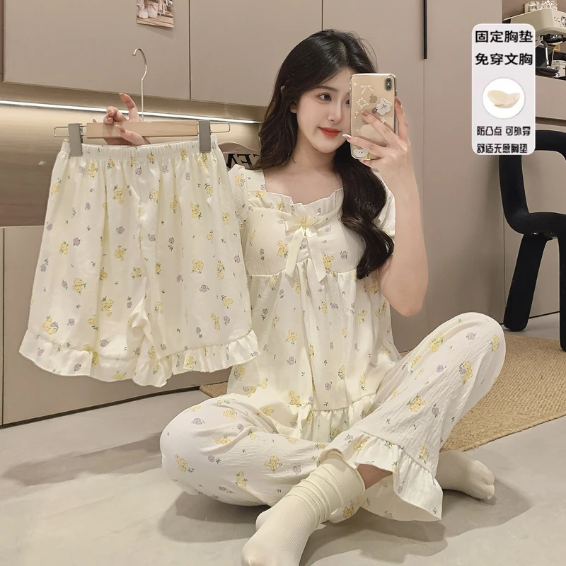 云朵棉自带胸垫三件套睡衣女夏季短袖公主风甜美家居服套装可外穿