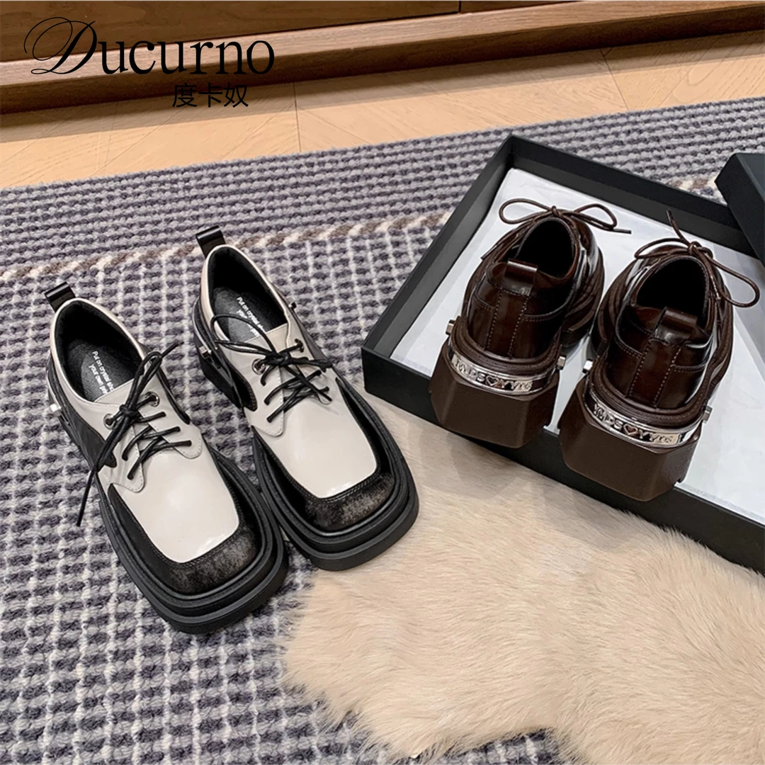 DUCURNO松糕厚底深口单鞋女时尚拼色百搭增高乐福鞋前系带小皮鞋